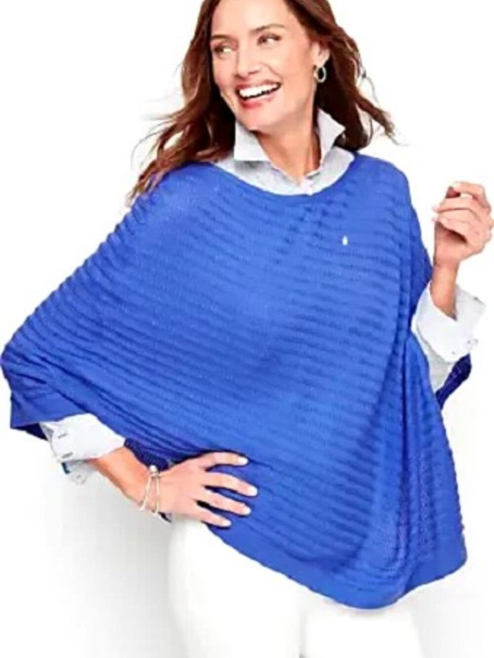 Talbots Biscayne Blue Asymmetrical Pointelle Knit Poncho 2X/3X NWT